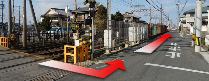 線路沿いの道(電気店山田無線と線路の間の道)を四日市にむかって(北方向)500メートル直進します。
